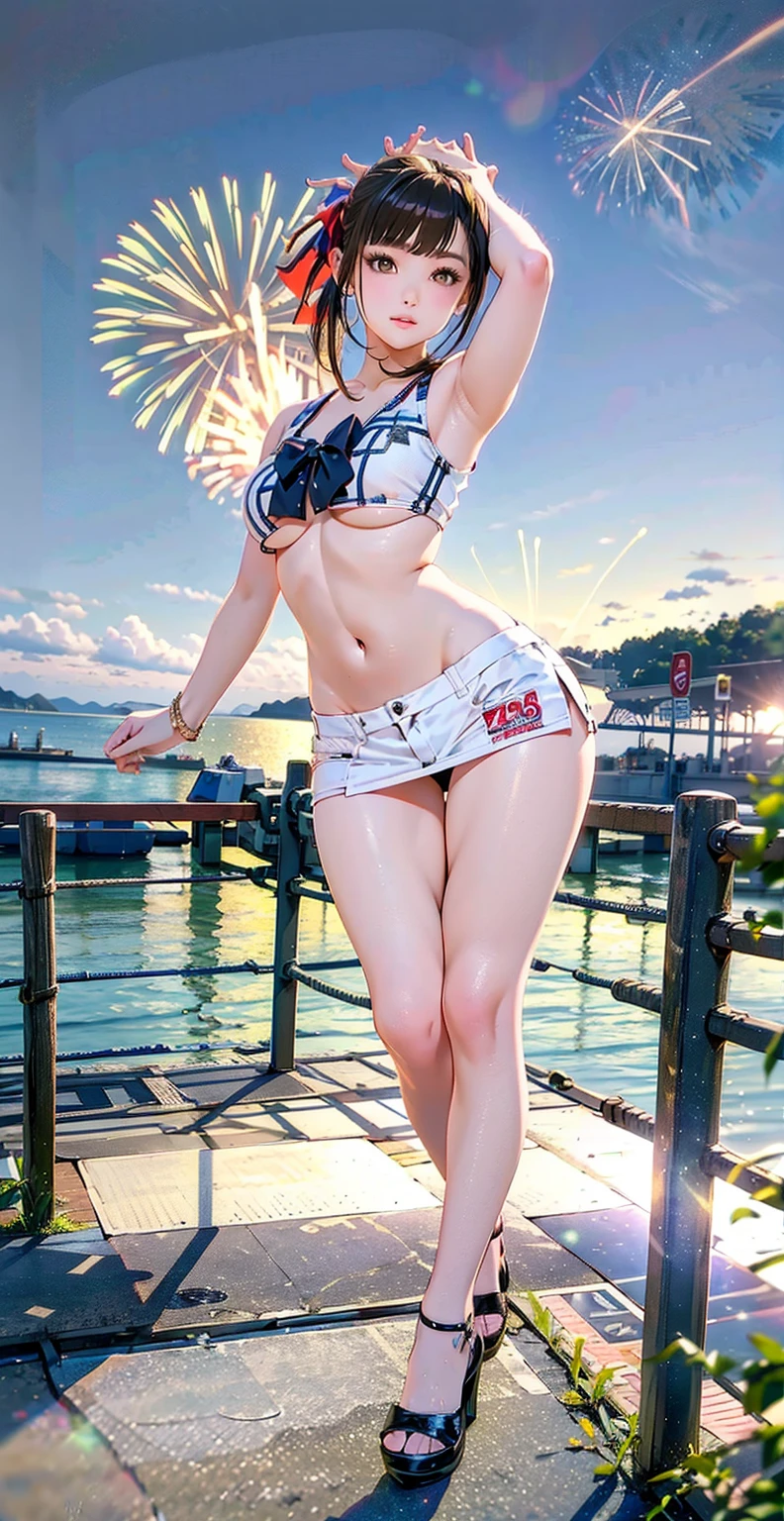 (((Masterpiece))),((top quality)),one beautiful Japanese girl,Pale, (A character who personifies thunder: 1.5), (((hair is electricity:1.5)))、((bikini is shining:1.5)))、(belly button)、(The whole body shines:1.5),(plain clothes), (skin revealing),(The background is cloudy 1.5).(((from the front:1.5)))、(straight front: 1.5)、(((full body portrait:1.5)))、