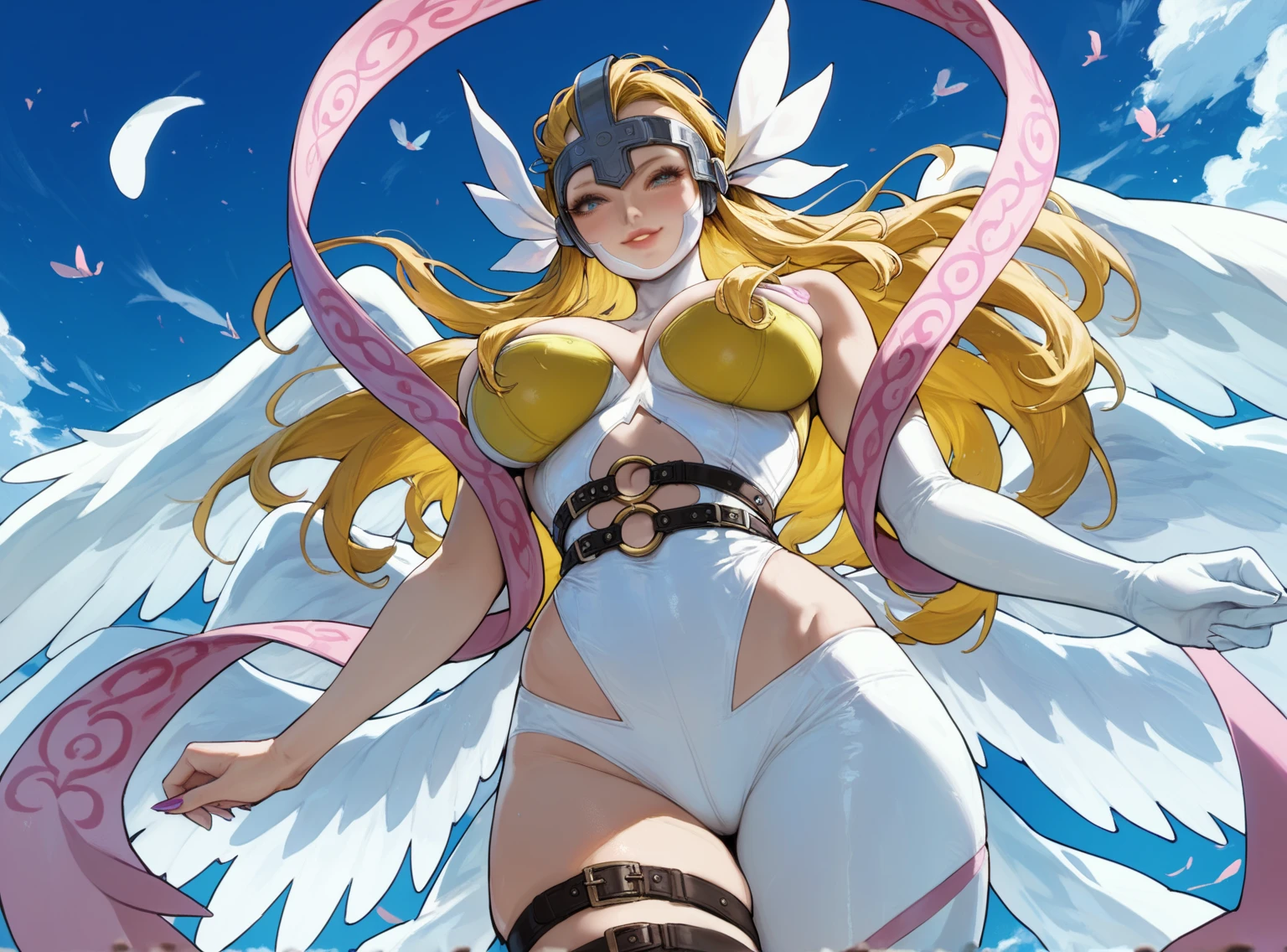 Very detailed、highest quality、Best image quality、masterpiece、8k、Angewomon、Anime Face、Winged Helmet、(Covered Eyes:1.3)、Open Mouth、(Blonde long hair)、(SFW Giant)、Cowboy Shot、(Big Breasts:1.2)