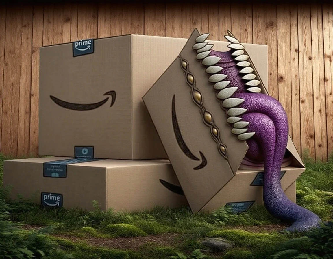 cartoon:1.5, flat colors, large teeth, lange tongue, gaping mouth, a amazon box mimic, cute, <lora:mimics-sdxl-prod-e:1> , outline:1.5,