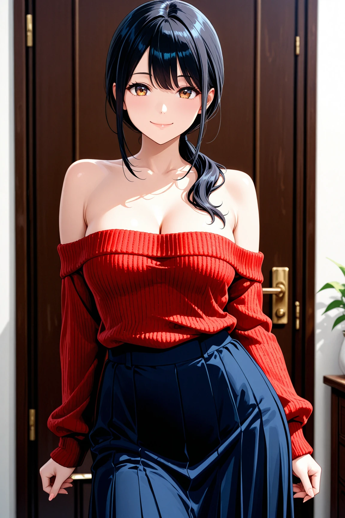 ((mizushima_asa)) Long Straight Hair, (red t-shirt, Blue Eyes, Big Breasts:1.5, sexy short jeans), soft smile, sexy pose, bedroom, masterpiece, best quality, hyperrealism, detailed, epicpose, (lightroom:1.13), soft light, (natural skin texture:1.2), (hyperrealism:1.2),
