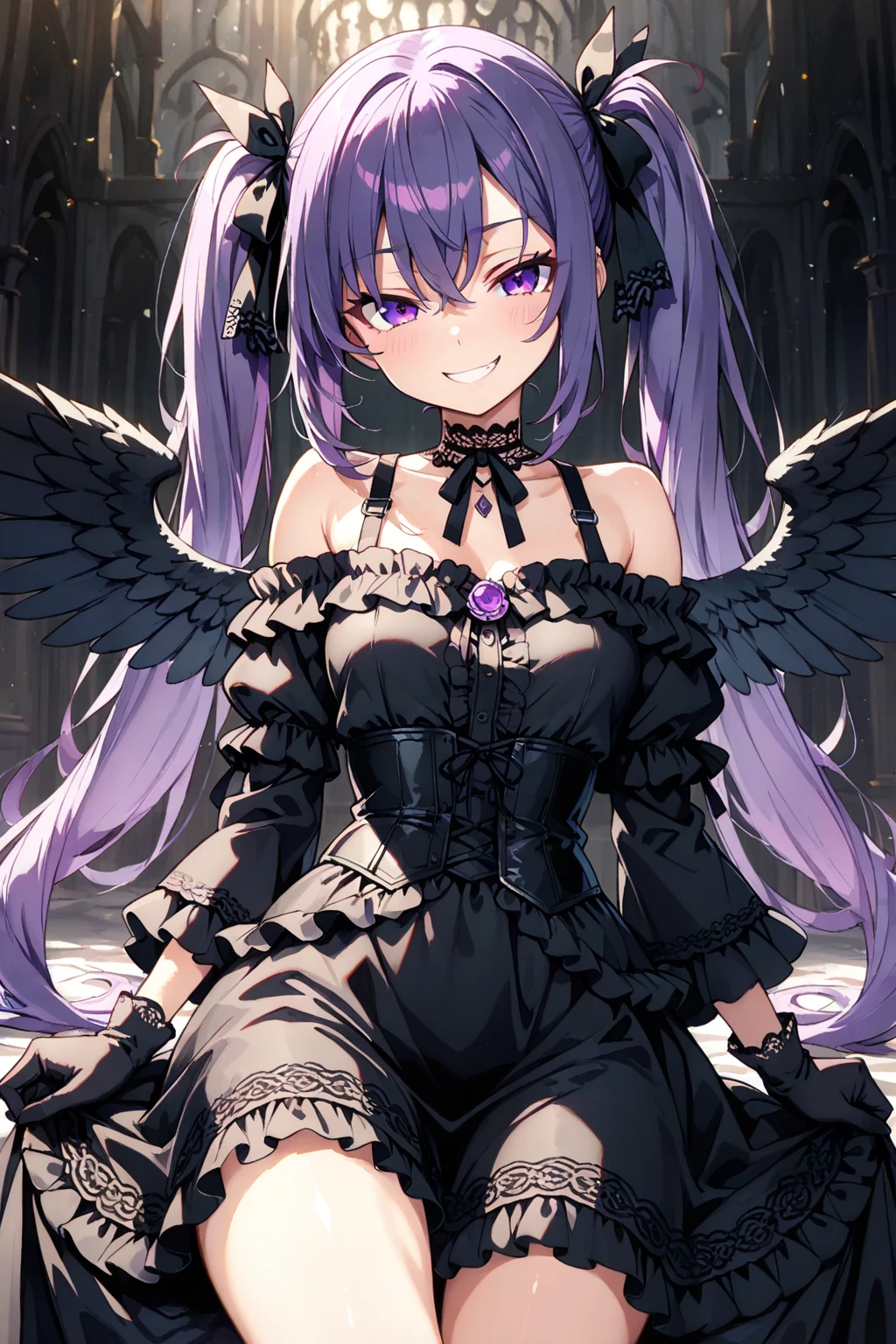 Purple Hair girl, acheron clothes, rich, mage, purple eyes, mage, younger, ilusionist, ACHERON STAR RAIL, modern clothes, bird flying over shoulder, fix the hands
