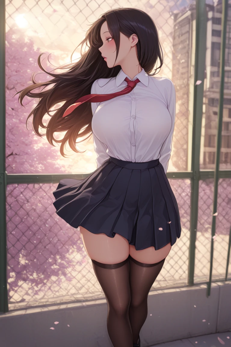 Masterpiece, Superb Product, 4girl, Young Woman, Plum Blossom Eyes, Brown, Bobo Head, Envy Face, Oily Gloss, Mid-Chest, Beautiful Leg Line: 1.3, Thick Thighs, Thin Waist, School Uniform, High Socks, Tie, ((Pencil Skirt)), Red High Heels, Pantyhose,, Pathway_lined_with_blooming_cherry_blossom_trees,, Looking at Viewer, From Below, Full Body, legsupsexms, perspective bottom-up, thong