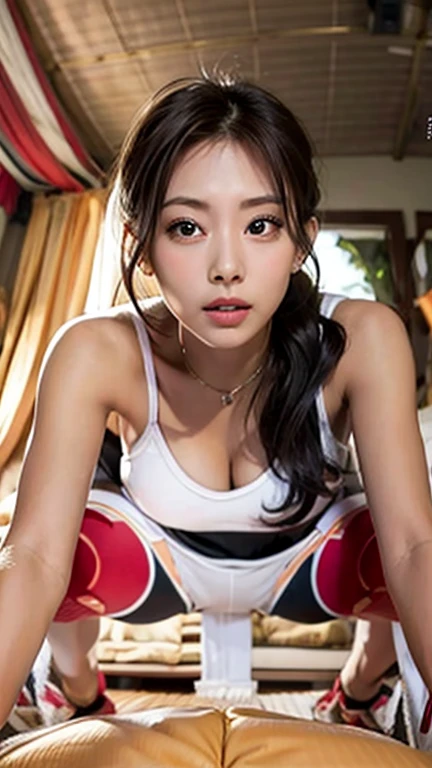 (((A face writhing in sexual pleasure)))、(((Full body portrait)))、(((Sleeping position on bed)))、(((A 20-year-old woman with the cute face of a 16-year-old idol)))、((She is wearing white underwear))、((Tied up on a luxury hotel bed))、(((Wearing a red leather collar around his neck)))、(((the whole body is tied with a rope)))、(Artistic Expression)、Cleavage、Front image、bondage、Accurate、Anatomically correct、(Textured skin)、Very detailed、 Attention to detail、highest quality、High resolution、Genuine、Indistinguishable from live-action、realism、RAW Photoasterpiece