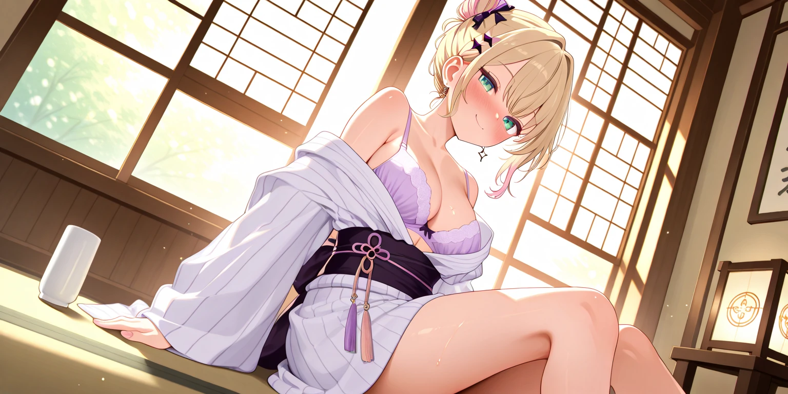 (8K、masterpiece、Highly detailed background、high resolution)、(mitsuri kanroji)、Cleavage、(On the bed、yukata、Gravure pose、Place hands on crotch、Spread your legs、underwear)、((NSFW))