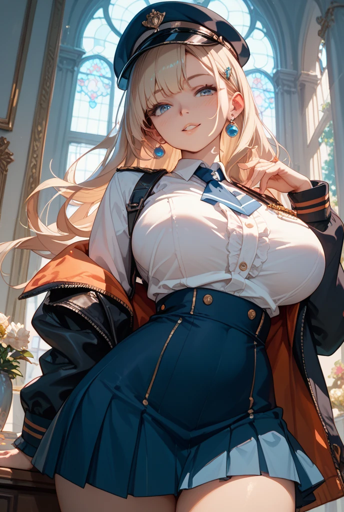 A beautiful woman with long blonde hair, kawaii facial features, partially covered eyes with long bangs, large breasts, blue slanted eyes, (Using a closed brown coat, Elegant coat model covered with buttons attached coat style model (Double breasted trench) soft smile against a white background, her right eye visible and eye color yellow, Elegant wearing a black t-shirt wearing a long, tight black skirt,