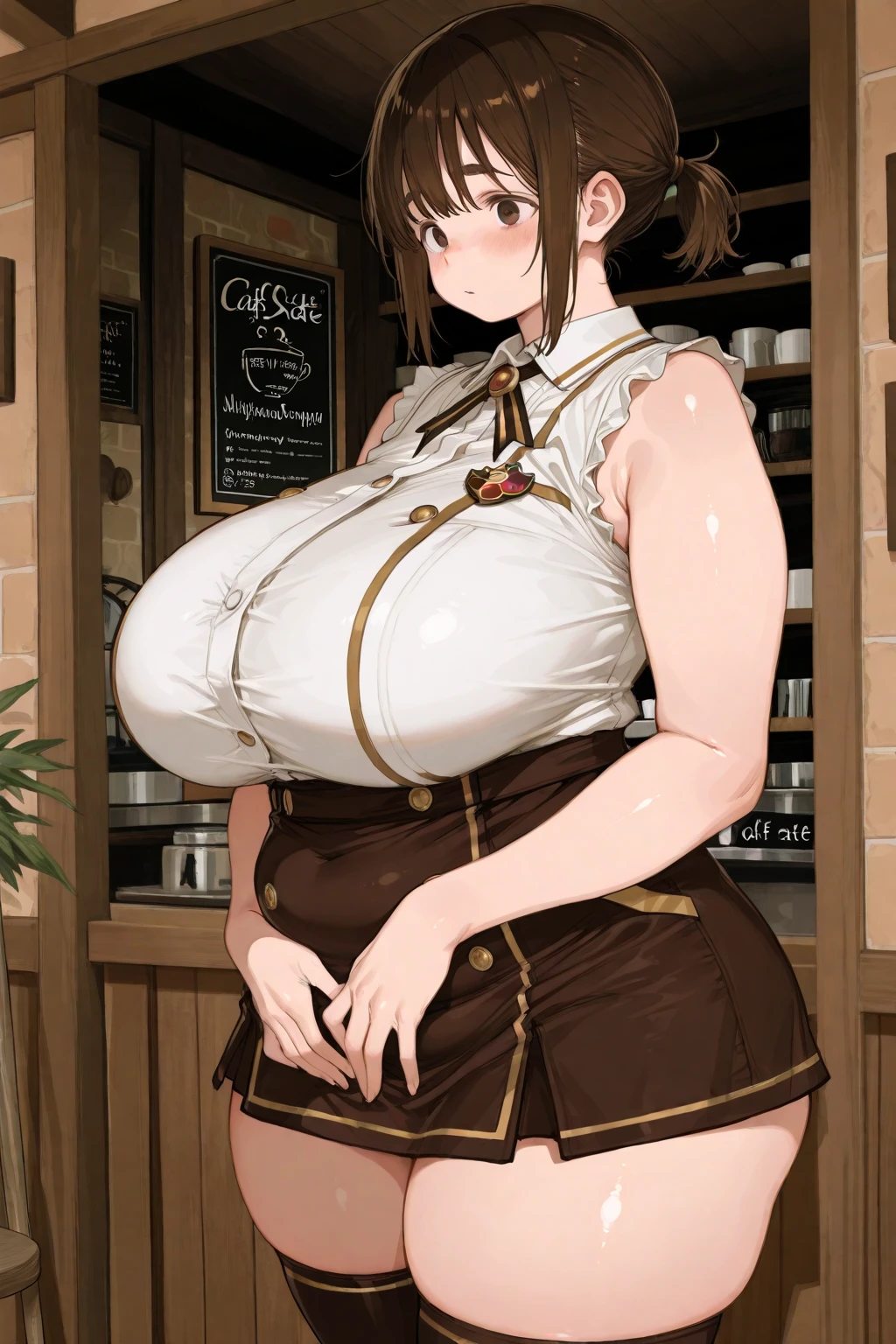 Female 26 years old,housewife,Sunlight,Smile,put on lipstick,Light brown curly short hair,A ponytail on the left,Slightly plump,huge firm breasts,market shopping,Wearing a watch on the right hand,half moon earrings,Full body fitted long skirt