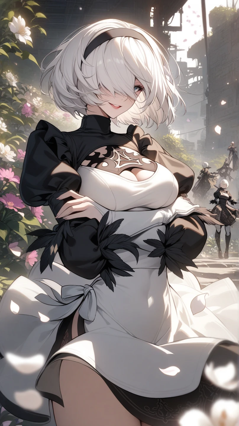 looking at viewer,((yorha no. 2 type b, nier (series), nier automata)),((1girl,solo)),((medium breasts,big hips, cleavage cutout)),(hair between eyes:1.3), (((((juliet sleeves, long sleeves,puffy sleeves,))))),(turtleneck short white dress:1.6),(red lips:1.2),(short hair:1.4),(white hair:1.4),(full shot:1.3), (lying:1.6),BREAK,(detailed face and eyes), (Masterpiece, best quality), (highly detailed photo:1.1), 8k,(photorealistic:0.8),(highest quality, Alessandro Casagrande,Greg Rutkowski, Sally Mann, concept art, 4k), (analog:1.2), (high sharpness), (detailed pupils:1.1), (painting:1.1), (digital painting:1.1),(detailed texture:1.1),(High Detailed realistic skin texture:1.2),(volumetric lighting:1.3),(photo of the most beautiful artwork in the world 18 years old pretty girl featuring soft lustrous),(Cowboy shot:1.4),High Detail,detailed face,realistic lighting, cinematic light, 8k, (extremely detailed CG unity 8k background),cinematic lighting,By jeremy mann, by sandra chevrier, by maciej kuciara,sharp, ((perfect body)), realistic, real shadow, 3d,((forest background)), (by Michelangelo),younger,teenage,(beautiful and perfect face:1.3),(pale skin:1.3),(lustrous skin:1.3),smile,cute,FEMININE,(various flowers:1.3),  <lora:pastelMixStylizedAnime_pastelMixLoraVersion:0.3> <lora:signoraGenshinImpact_v25:0.7>
