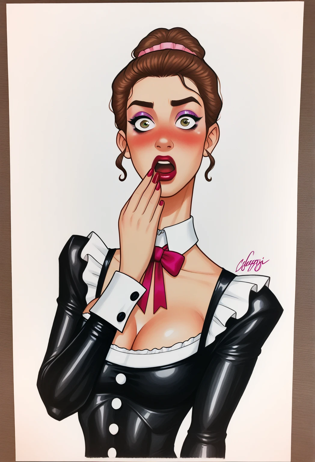Beauty gothic girl night black blouse V-neck, leather skirt, Thighs, Wide legs Small waist, wide and big hips, Model pose, just two arms with a red bow making an ahegao face with crossed eyes and tongue out with drops of drool, with tits and stimulating a huge penis between her breasts
