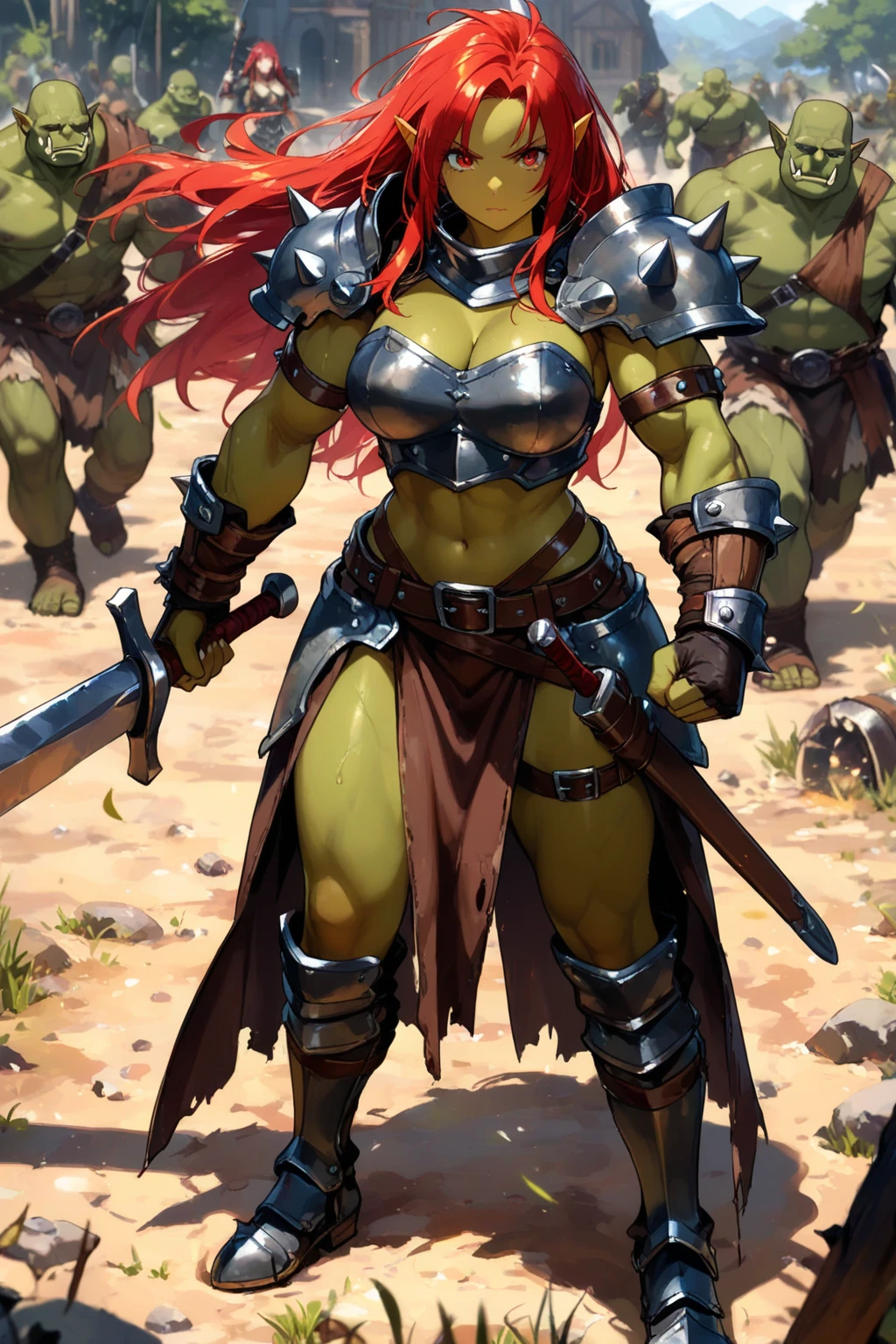 masterpiece, best quality, tomboy, warrior, berserker, tall female, muscular female, living hair, sauvage,, medieval clothing, fantasy, fantasy weapon, huge breasts, barbarian pants, combat boots, red hair, crazy smile, open mouth, biceps, necktie, thick arms,long hair,pants, pullover,armor