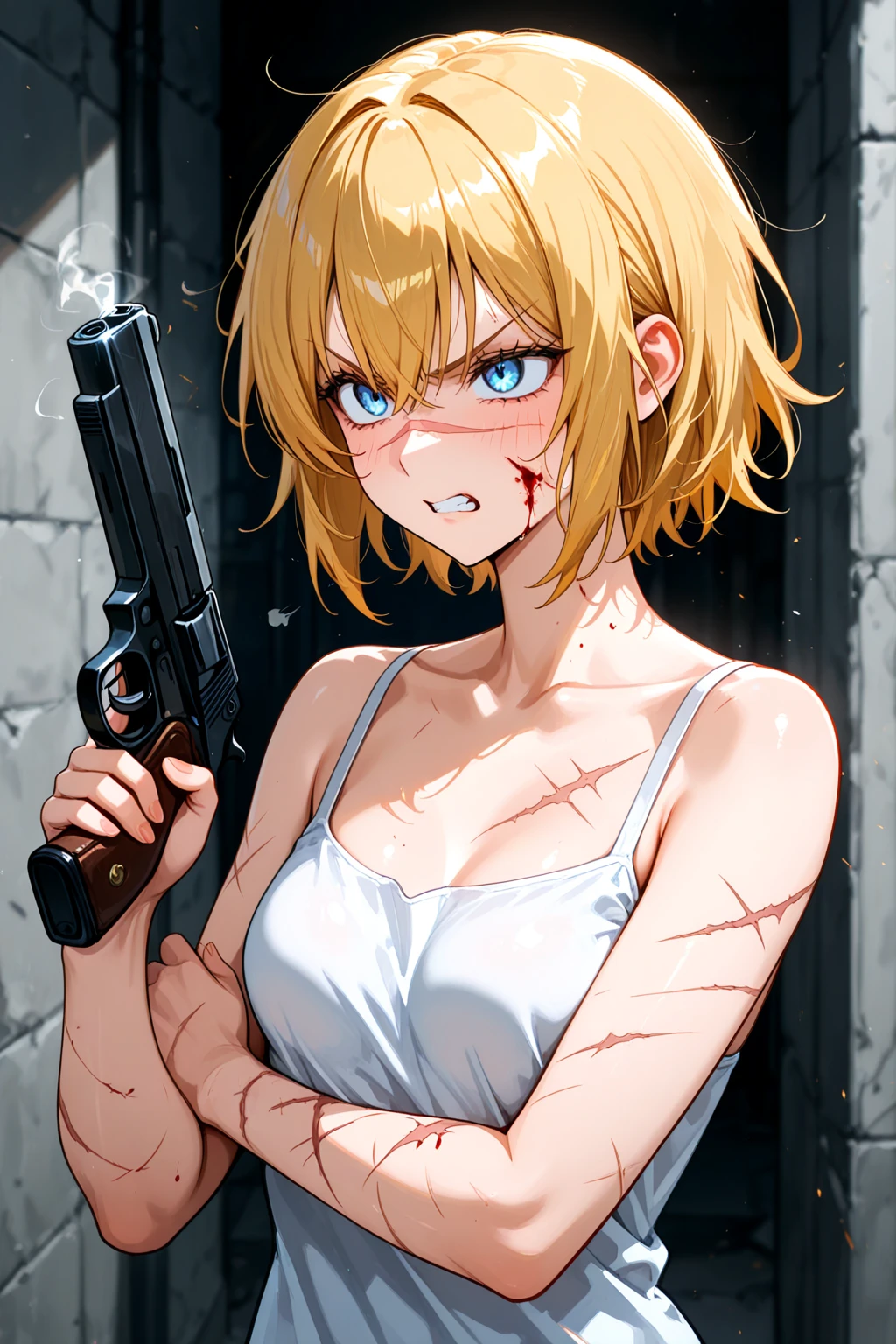1girl, blonde, torned rags, dirty slotches, dirty on face, short hair, blue empty eyes, flat chest, smoke, cigarette, Girl with PTSD, military uniform, wounds, scars, outdoors,hetza hellshock style,