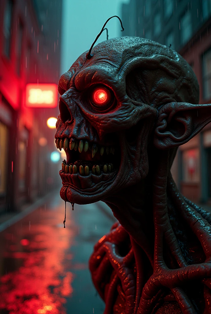 masterpiece, best quality，Many huge monsters((Human head))Mutated，A human hiding in a corner of the city，night，4K，scary，detailed，night neon