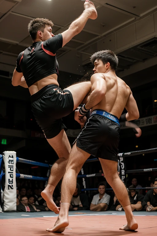 An MMA fighter in the midst of a battle inside the Octagon cage. He's in a dynamic fighting stance, muscles tensed, eyes focused on his opponent. The background shows the cage, referee, and a blurred crowd. The scene should be as realistic as a high-resolution photograph, capturing the intensity, sweat, and determination of a live MMA match. <lora:gan2_video:0.75>,ganjo