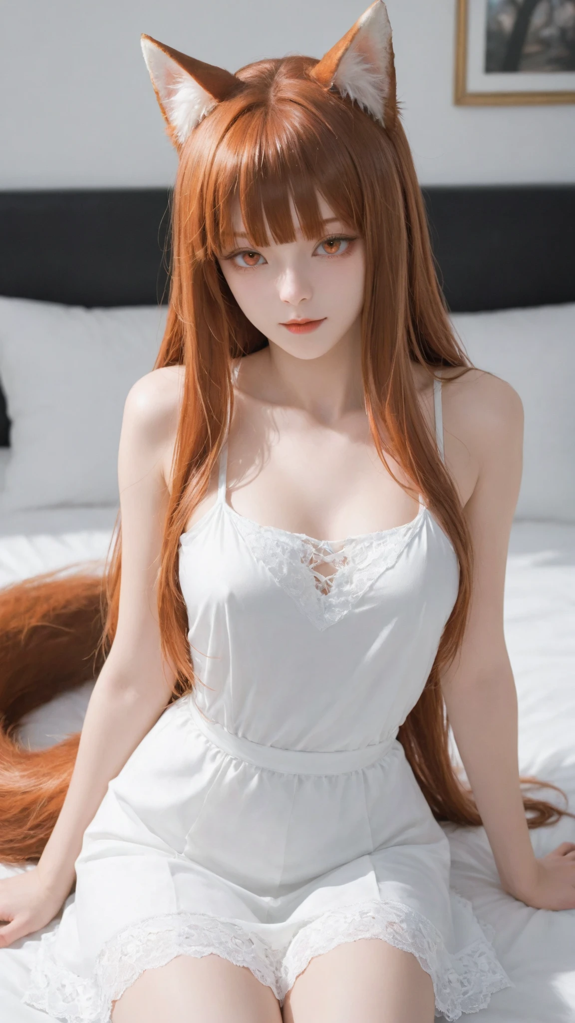 best quality, (masterpiece:1.2), detailed,
1girl, solo, closed mouth, slight smile, slight blush,
long hair, red hair, ahoge, red eyes,
nightgown, frills, bare shoulders, collarbone, sleeveless
sitting, on bed, looking at the viewer,
indoors, window, night
