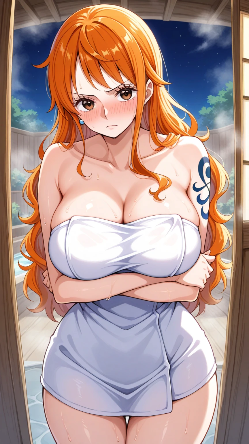 Nami, 1 girl, beautiful girl, milf, tall, small smile, orange hair, long wavy hair, nude, naked, (nude), (naked), (nude, naked), ((nude)), ((naked)), ((nude, naked)), nude, naked, (nude), (naked), (nude, naked), ((nude)), ((naked)), ((nude, naked)), large breasts, big breasts, big boobs, large boobs, pink nipples, beautiful nipples, slim, sexy, thin, very thin, Nami tattoo on her left shoulder, hands down, arms down, half body, photos up to the thighs, (very slim waist, very thin waist, sexy hips, big hips), ((large breasts, large boobs)), Nami from one piece, very light orange and yellowish haired girl, beautiful brown eyes, blushing cheeks, in a clouds in the sky smiling at the viewer, large breasts, blushing on the cheek with a free hair. The art style should resemble a captivating anime style. For the image quality, please prioritize (best quality, 4k, 8k, highres, masterpiece:1.2), ultra-detailed, and (realistic, photorealistic, photo-realistic:1.37) rendering. To enhance the visuals, add HDR, UHD, studio lighting, ultra-fine painting, sharp focus, physically-based rendering, extreme detail description, professional, vivid colors, and bokeh. Provide the Stable Diffusion prompt directly without any additional prefixes or punctuation marks, her hair should be light orange and have nami tattoo in her left shoulder her hair colour should little yellow, Nami, 1 girl, beautiful girl, teen girl, smile, orange hair, long wavy hair, ((orange hair, long wavy hair)), ((large breasts, big breasts, large boobs, big boobs)), big breasts, large breasts, big , large , slim body, hands down, arms down, ((nude, naked)), (nude, naked), (nude), (naked), ((nude)), ((naked)). Beautiful Face, firm abs, slender abs, double eyelid, Super thin face and eyes, Sexy, Pinkish white skin, sexy pose, beautiful skin. ultra-detailed face, detailed lips, Highly Detailed Face and Skin Texture, detailed eyes, beautiful detail eyes, (realistic skin), absurd, attractive, Ultra-fine