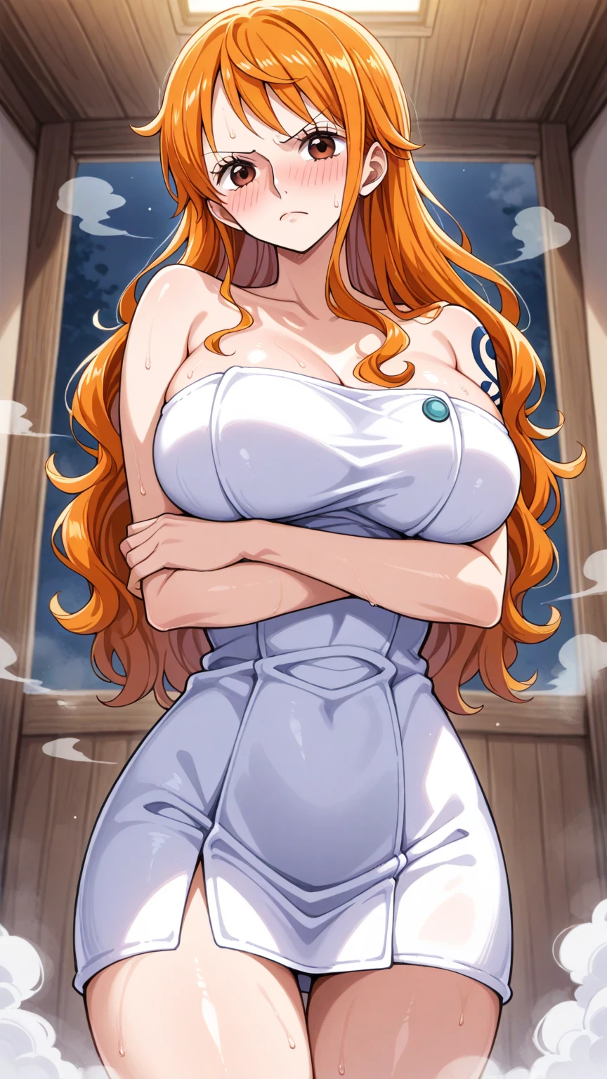 body: pale skin, strawberry blonde hair, girl, hair down, slightly freckled, slight overweight, soft, busty, navel
clothing: hair ribbon, thin sheer robe, low opacity fabric
pose: blushing, slightly smiling, bliss, lying down, legs parted, hands in panties
setting: sauna
aesthetic: average person, soft face, well lit room, soft eyes, MILF, mature woman