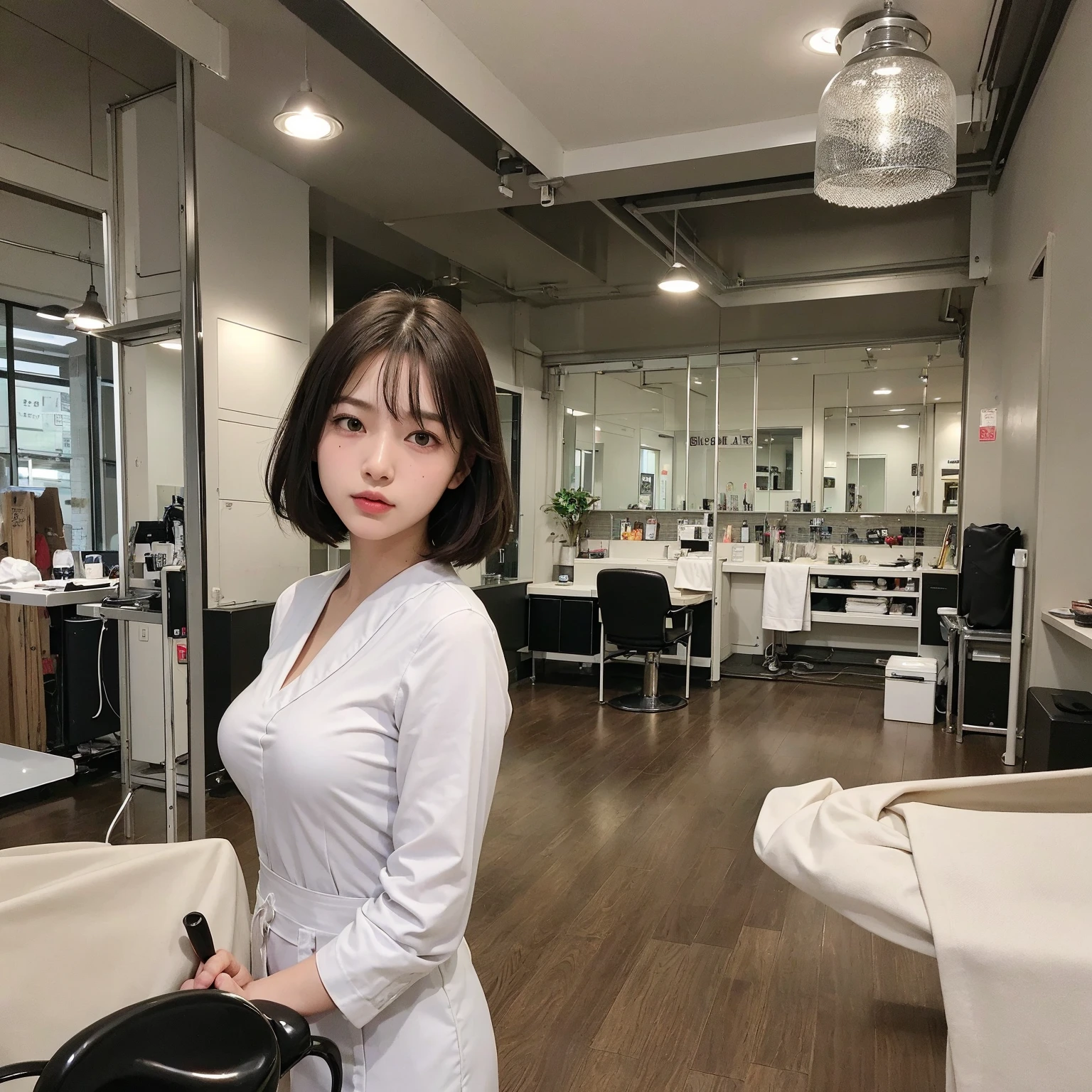 (RAW photo, best quality, masterpiece: 1.2), (photorealistic: 1.4), best lighting, 20 years old, (detail face, detail eyes, light gray eyes, light gray hair, short straight bob cut, Symmetrical eyes :1.3)