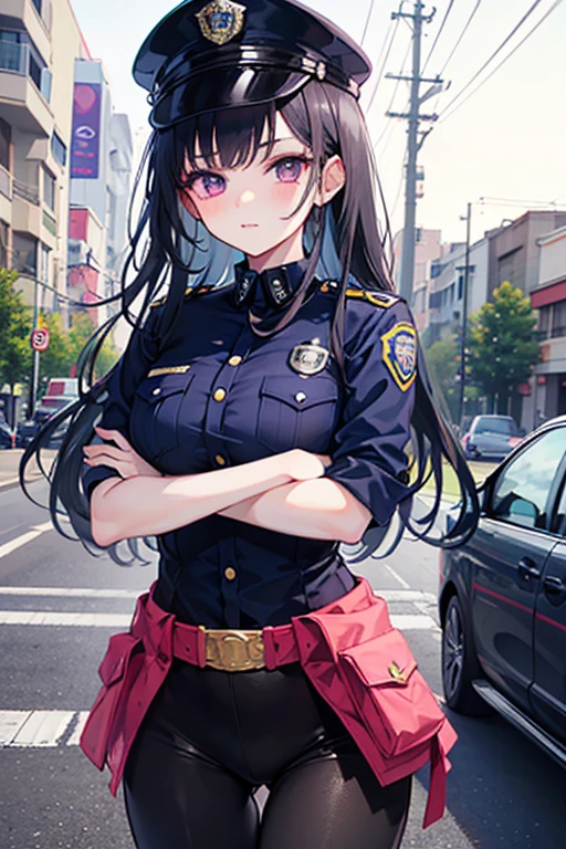 masterpiece, best quality, highres, hmkm1, mole under eye, earring, <lora:koinoya_mai_v1:0.7>, police uniform, police hat, salute, hand on hip, outdoors, skirt, necktie,