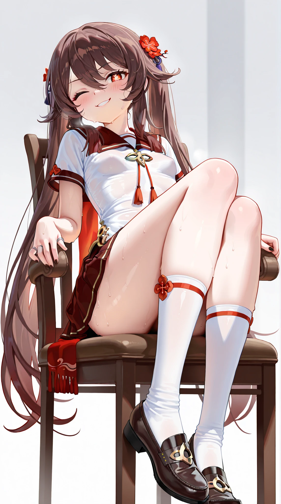 Hutao spreads out her radiant, firm and white legs. along with showing off her white, smooth, and wet pussy