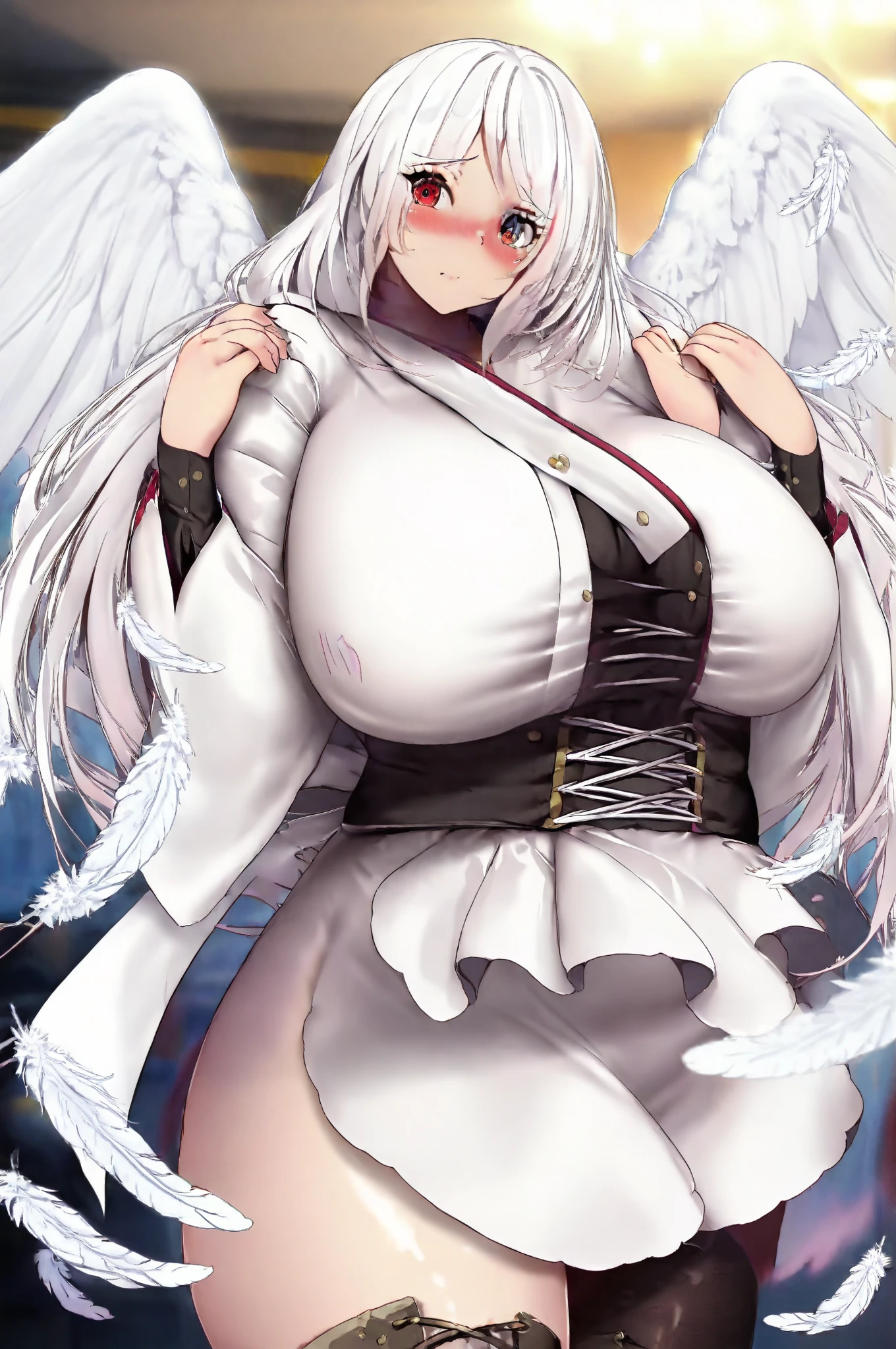 masterpiece, best quality, kitsune 1girl, solo, beautiful kitsune woman, fox ears, bangs, white hair, very long hair, blue eyes, grin, massive breasts, black choker, white kimono, long kimono, long kimono sleeves, blue sash, 5 white fox tails, white hair, looking at viewer, shrine background