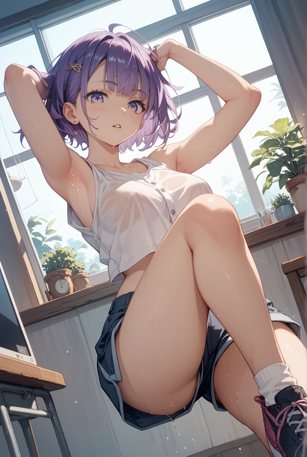 in a living room, one hand on hip, seductive smirk, medium breasts, wide hips, big ass, Hotaru Shidare from Dagashi Kashi,standing, blushing,sweating, being groped by old man