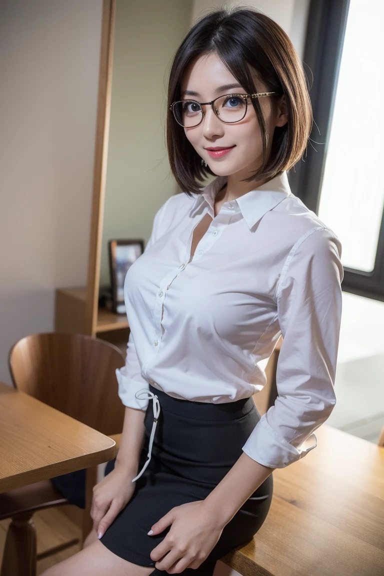 Upper class elite female boss sitting at desk in skirt,　Wearing glasses、Wearing pantyhose、(Short Layer Hair)、 long thin legs, on desk, Very beautiful slim legs, Young Pretty Gravure Idol, Young Sensual Gravure Idol, Very beautiful long slim legs, Long legs, Sitting on a desk, Japanese Models、raw,(8K、top-quality、​masterpiece:1.2)、(intricate detailes:1.4)、(Photorealsitic:1.4)、octane renderings、Complex 3D rendering ultra detail, Studio Soft Light, Rim Lights, vibrant detail, super detailing, realistic skin textures, Detail Face, Beautiful detail eyes, Very detailed CG Unity 16k wallpaper, make - up, (detailedbackground:1.2),shinny skin、Exposed thighs!!!