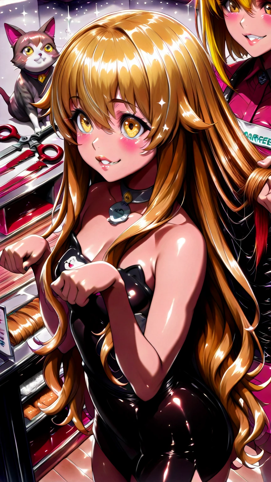 NSFW, (masterpiece: 1.2), (best quality: 1.2), newest and most intricate details , 1 girl, facer, solo, revealing cleavage, bare breasts, perfect anatomy, ((small body)), small face, beautiful legs , detailed face, ((flat chest)), red hair, very long hair fluttering, mischievous face, photo-realistic theme, beautiful ((android girl)), (mechanical body), vibrant colors ((detailed mechanical parts visible)), relief decoration on the body, shiny gold on black, white (floral design embellishments on mechanical parts), lace dress and black latex mini leotard (tutu: 1.2), playing with teddy bears, ((intricate arcade machines)), arcade, arcade machines , joystick, arcade monitors, newest, AI generated