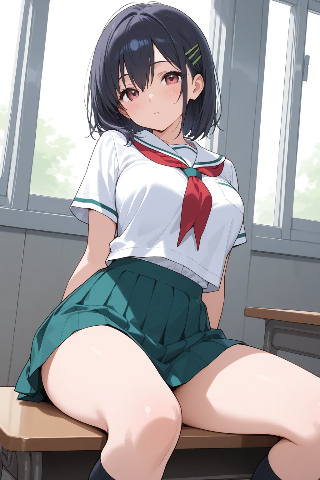 nsfw,alone, (One girl), Elementary school girl,8-year-old, ((White panties)), (wearing only the top half of sailor school uniform),sexy, (Cowboy Shot), ((Put your arms behind your head)), classroom, With a girl:hair is black and short, Her face is round and cute, Black Hair, short hair, (Are standing),(Shy, Embarrassing),from below,from the front,(pussy juice),
