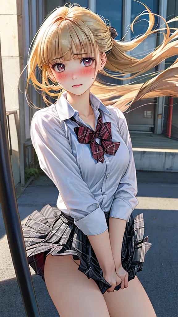 (masterpiece:1.2, top-quality), (realistic, photorealistic:1.4), beautiful illustration, (natural side lighting, movie lighting), , 
(looking at viewer), 1 girl, japanese, high school girl, perfect face, cute and symmetrical face, shiny skin, , 
(long hair:1.2, half updo:1.4, blond hair), blunt bangs, gold eyes, drooping eyes, long eye lasher, (large breasts:0.6), ((barelegs)), 
beautiful hair, beautiful face, beautiful detailed eyes, beautiful clavicle, beautiful body, beautiful chest, beautiful thighs, beautiful legs, 
((white collared shirts, grey pleated skirt, black socks, red plaid bow tie), pink panty), 
(beautiful scenery), day time, school rooftop, (facing the front), (impatient expression, blushing cheeks, embarassed expression), (((skirt tug, wind lift))), panties peek