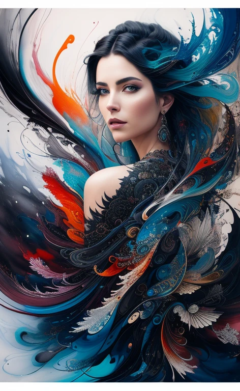 Black、White、Blue and Red,(best quality, Ultra Detailed, high resolution, Extremely detailed CG),Wide-angle lens,Dead angel standing on the edge of a cliff,She is very pretty,She likes blood and the ocean,Blood Rain, mystery,Fanatic, Wheel within wheel, Surreal,fine,The artwork should transition from a pencil drawing style in Black and white on the left half to vibrant colors on the right half, Ensure seamless integration of the two halves,No dividing line, The scenes on both sides are exactly the same, with the left side featuring detailed Black and white pencil strokes and the right side filled with colors, Create a fusion