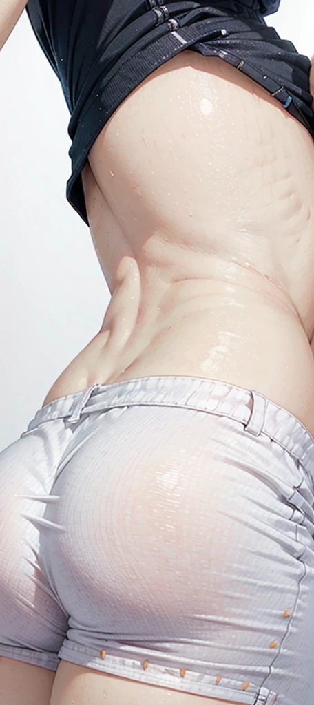 8K, Top Quality, Intricate Details, Ultra Detail, Ultra High Resolution, Masterpiece, close up shot, ((shot from behind, view from behind, show back,taken from behind,  ((shot from behind,)) (Looking back), ))(full body: 1.1), Slender, Smile, (Makeup: 0.4), ,(( cammy white, blonde hair, bangs, short hair, blue eyes, antena hair, abs, scar on cheeks, ((short hair )))), (Fluffy  Eyes: 1.21), (()), 1girl, solo, 1 girl, (()), close up shot, , ((tall)), (((fit body))), (((slim face))), sharp face, ((  in the rain, shimmering skin, she's soaking wet, (her hair is (dripping wet:1.2), long wet hair, Her wet drenched hair, wet hair, water on the body))  ,(detailed face), sharp face, small lips, , ,((ass up , butt cheek,)) ,
 ((, )), , ((naked, nude )), detailed face, detailed breast, large breast, huge breast, detailed ass , detail nipples ,, Narrow Waist, Skinny, tall , 190 cm tall, Muscular, Navel, Exposed Abdomen, Pointed Chest,, Beautiful girl with accentuated slender abs: 1.4, Six Pack Abs: 1.4, , Perfect Body, detail legs, (( dark background)), black background,