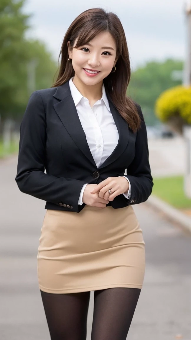Woman in a suit standing on the sidewalk,((23-year-old woman))、small Breasts、Dark brown hair color、Hairstyle with bangs、Various hairstyles、Hairstyles of different lengths、(8k, RAW Photos, highest quality, Tabletop: 1.2),、(Realistic, Realistic: 1.3), Cityscape, Day, Sunny Morning, Professional Lighting, Photon Mapping, shirt, (Woman in a suit,) Silk Suit、Pencil Skirt、Tight Skirt、((Delicate photo))，(Detailed RAW Photos of Girls), (Tabletop:1.25), (highest quality:1.6), (超A high resolution:1.5), (Realistic:1.75), 8k resolution, Caphin EOS R5, 50mm, absurdes, Ultra-detailed,Cinema Lighting, (Skirt Lift:1.5)、nsfw、the wind is strong、smile、Skirt flipped up, ((phi_panties)), beautiful pussy, nsfw,