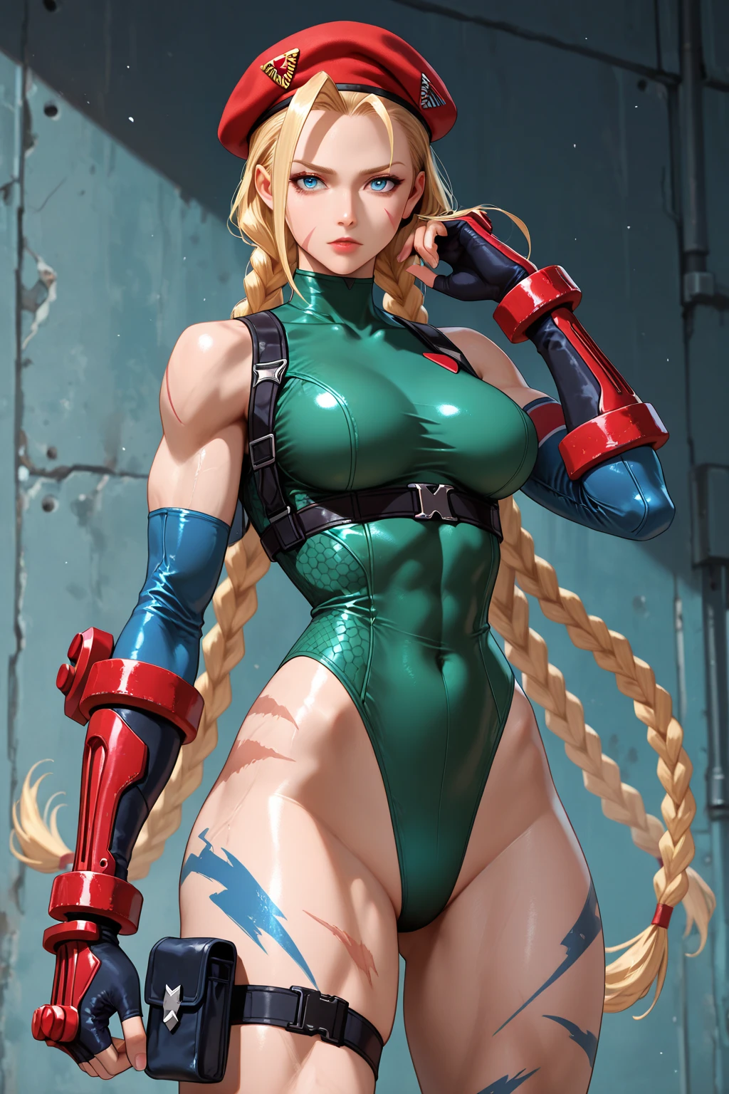 masterpiece, best quality, highres, 1girl, cammy white, twin braids, long hair, blonde hair, antenna hair, garrison cap, blue headwear, blue eyes, scar on cheek, large breasts, yellow necktie, (blue leotard:1.1), long sleeves, fingerless gloves, bodypaint, <lora:cammy_white_v1:0.7>, cowboy shot, standing, outdoors,