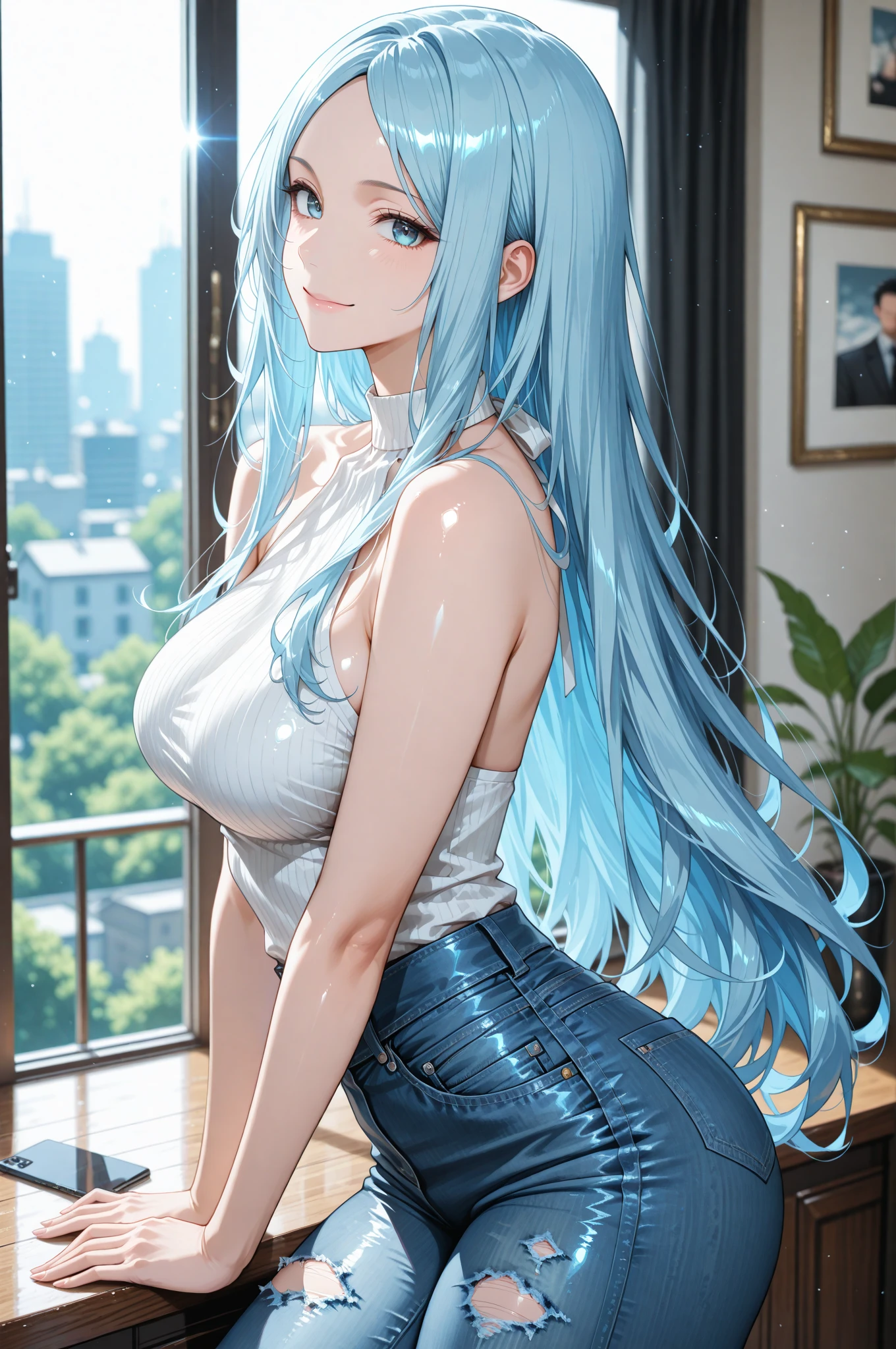 Glass Grey Translucent Lightweight Knotted Short Sleeves,Plump thighs,Open crotch denim shorts,The zipper is broken,Blue and white spiral long curly hair,Leg decoration,Wet