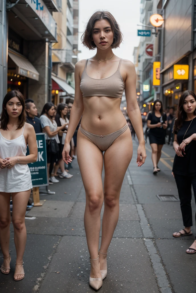 absurdres, RAW photo, extremely delicate and beautiful, masterpiece, Best Quality, ultra high resolution, 16k, hyperrealistic, realistic, photorealistic, photo-realistic, ultra-detailed, perfect anatomy, super Detailed skin, perfect figure, Very detailed CG 8k wallpaper, nude, pussy, shaved pussy, nipple, perfect nipple, perfect breast, round breast, small head, perfect fingers, (full body :1.2), super white skin, standing, medium breast, kpop idol, nude, blushing, windy, sexy leg, on the street, nude, puffy hair, bangs, (3 guys :1.5), long leg, medium breast, (nude girl), messy hair, hands down, hands on pocket, hands down, cool man, sexy pose, couple, (topless boyfriend), nude girlfriend, smile, happy,,, barefoot, shock girl face, sport short pants boy
