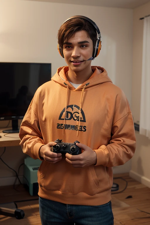 1girl. Tan skin, freckles on nose, freckles on cheeks, dark brown hair, wavy hair, hair braid, Nike shirt, sweatpants, twenty years old, playing video games on the couch,