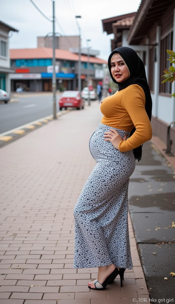 RAW, Best quality, high resolution, masterpiece: 1.3), Beautiful Malay woman in hijab, Masterpiece, perfect fit body, ((Big breasts)), ((huge pregnant)), beautiful big eyes, Soft smile,Muslim woman wearing striped top and long tulle skirt, striped sweater , wearing a striped shirt, stripes, stripes, hijab, wearing a casual sweater, striped shirt, white hijab, casual clothing style, modern casual clothing, wearing a cute top, beautiful image, she smiles, smooth turtleneck, necklace , hairband, evening walk, City park, Great lighting, Bright colors, Clean lines