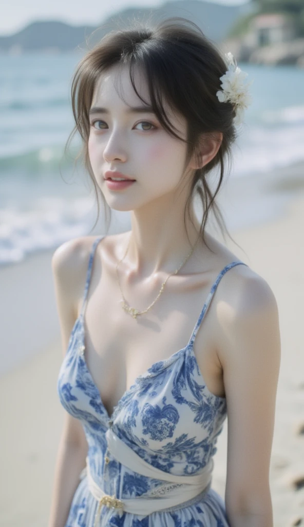 "(((best quality))), (((ultra detailed))), (((masterpiece))), illustration,((1 beautiful young girl,solo)),((slim,thin)),(vibrant floral swimsuit:1.3),((small breasts,flat chest)),(short ponytail:1.2),((shiny skin,sweat,wet)),seaside, summer, joyful, playful, physical features, smooth fair skin, gentle sea breeze, endless azure sky, picturesque backdrop, whiteness of sand, deep blues of the sea, waves crashing, internal turmoil, transformation, standing on the cusp of womanhood, confidence, sexuality, metaphorical plunge, next chapter of life,significance of the moment, beauty of the seaside, celebration of youth, excitement of summer ahead,((from front,upper body))