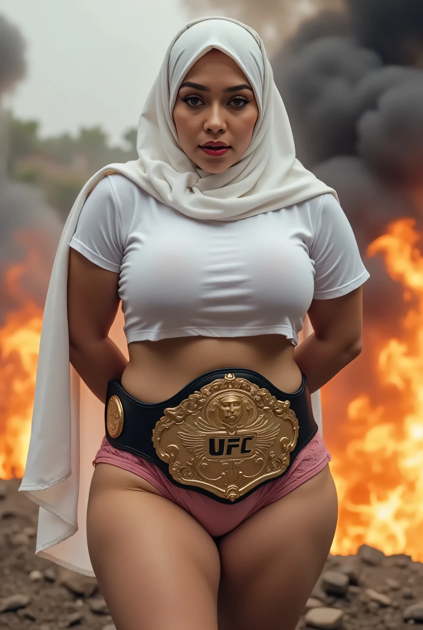 BLOWN IN THE WIND WEARS WHITE HIJAB),  SSBBW HIJAB , (CROPPED T-SHIRT)  big ass ,  PLACE BOTH HANDS BEHIND YOUR BACK, HUGE BOOBS BURSTING BREASTS, UFC CHAMPION BELT FIGHT. BACKGROUND FIRE AND SMOKE. HIGH WAIST PINK THONG LACE