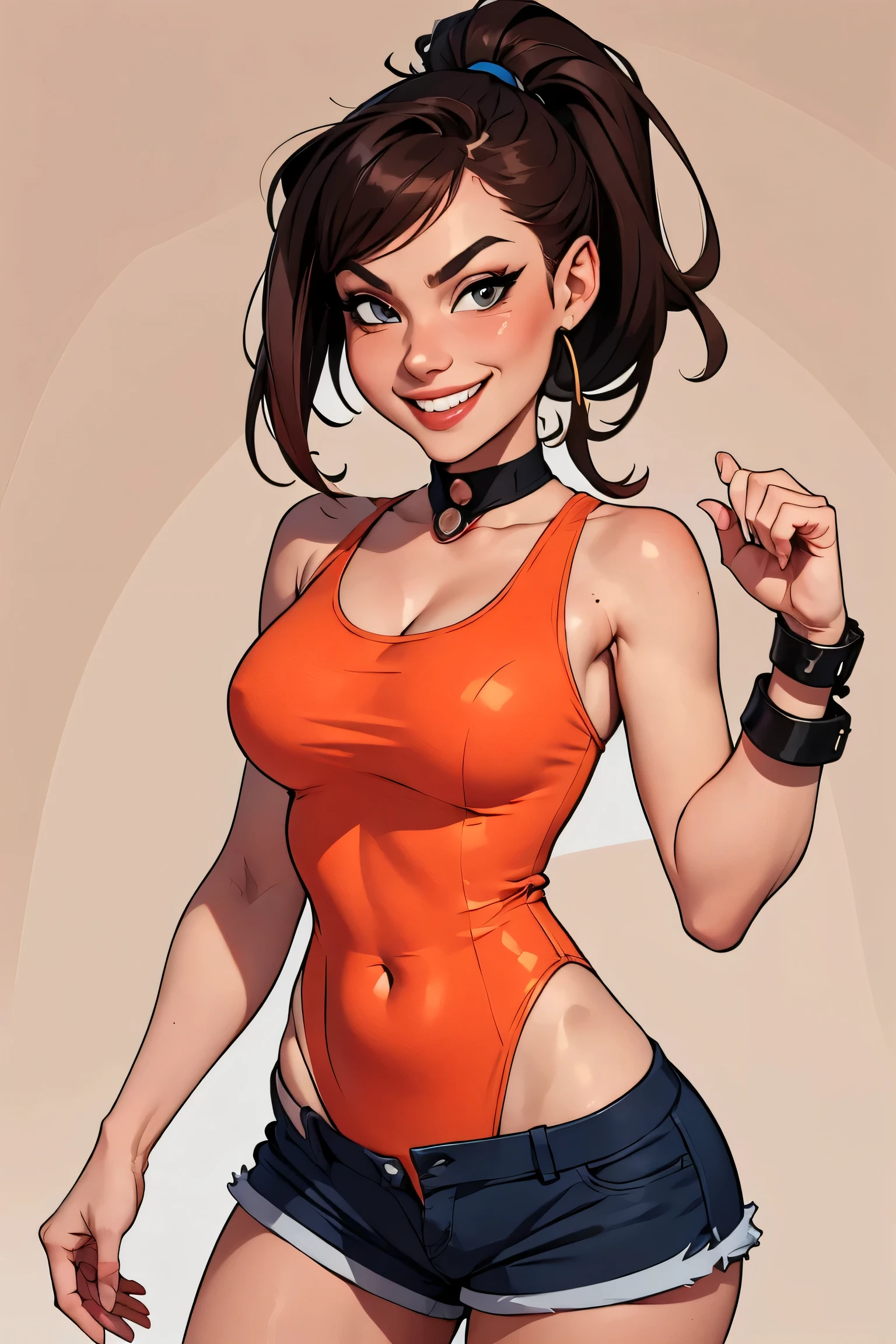 Amelia 'Engie' Flais, cute and deadly, high ponytail, mischievous smile, fitted engineering leotard, cheerful and chaotic, stylish and nimble, tough, beautiful, shorts, tank top, standing, blank background
