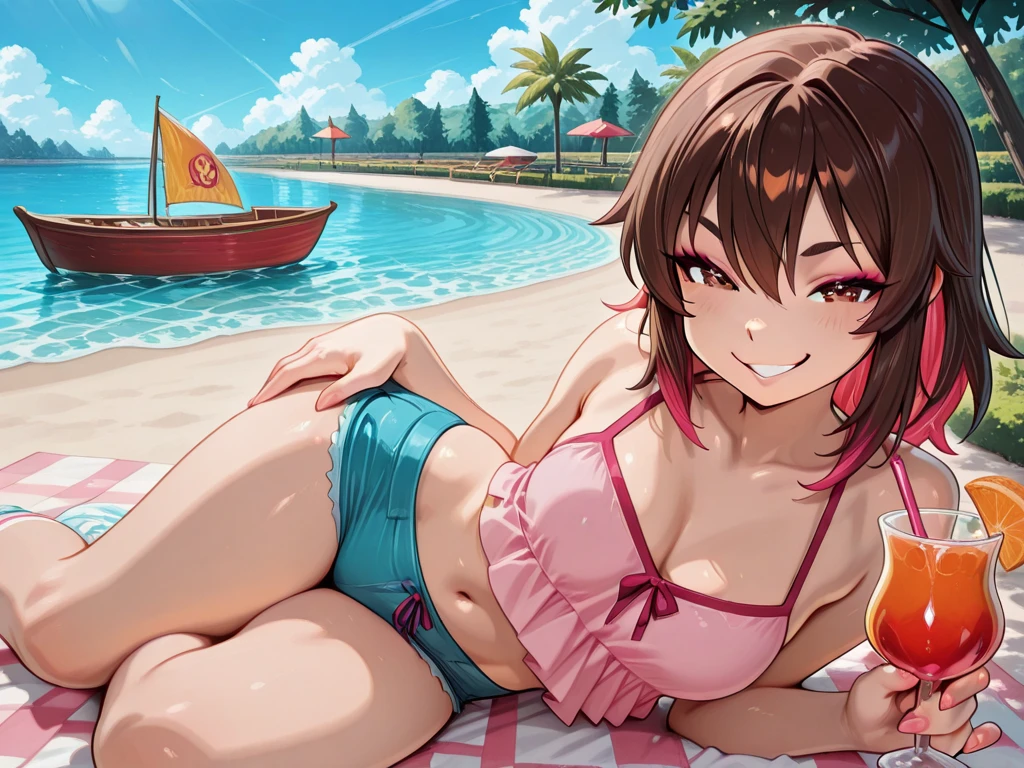 pieces fly、highest quality、High resolution、nffsw、perfect pixel、1 girl、cute、beautiful eyelashes, realistic eyes、smile、((White and pink floral bra))、((white and pink floral panties))、wearing only underwear、smooth texture:0.75、outdoor blue sky、I can see your pants、Bra visible、Overall bright