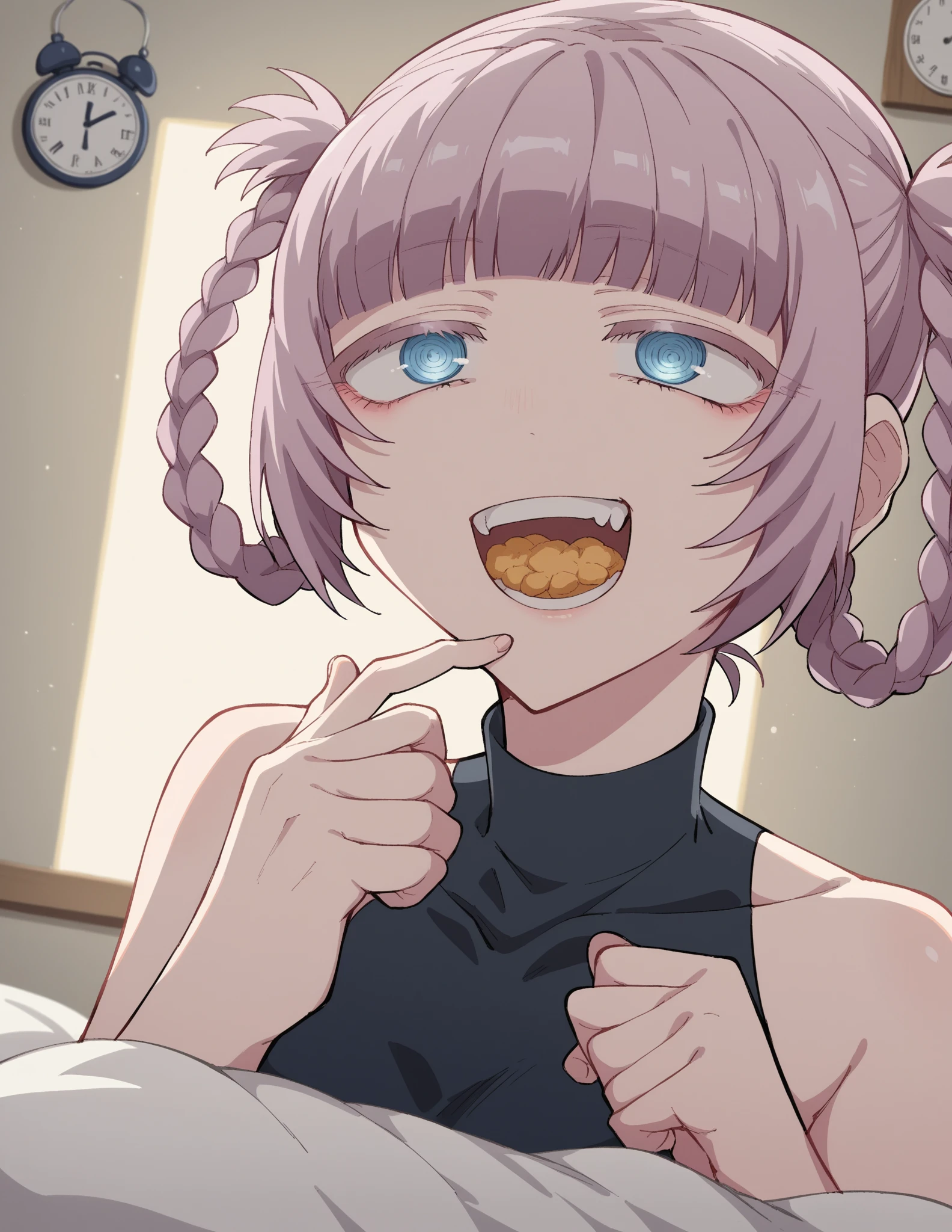 Highly detailed, High Quality, Masterpiece, beautiful, ApuMeme, 1girl, solo, pink hair, red eyes, twin tails, white tank top, shorts, short shorts, black shorts, lying, tears, on stomach, food, spill, crying, shadow, tearing up, on floor, cup, french fries, fit body, 20 years old girl, looking at viewer, big breasts, sobbing