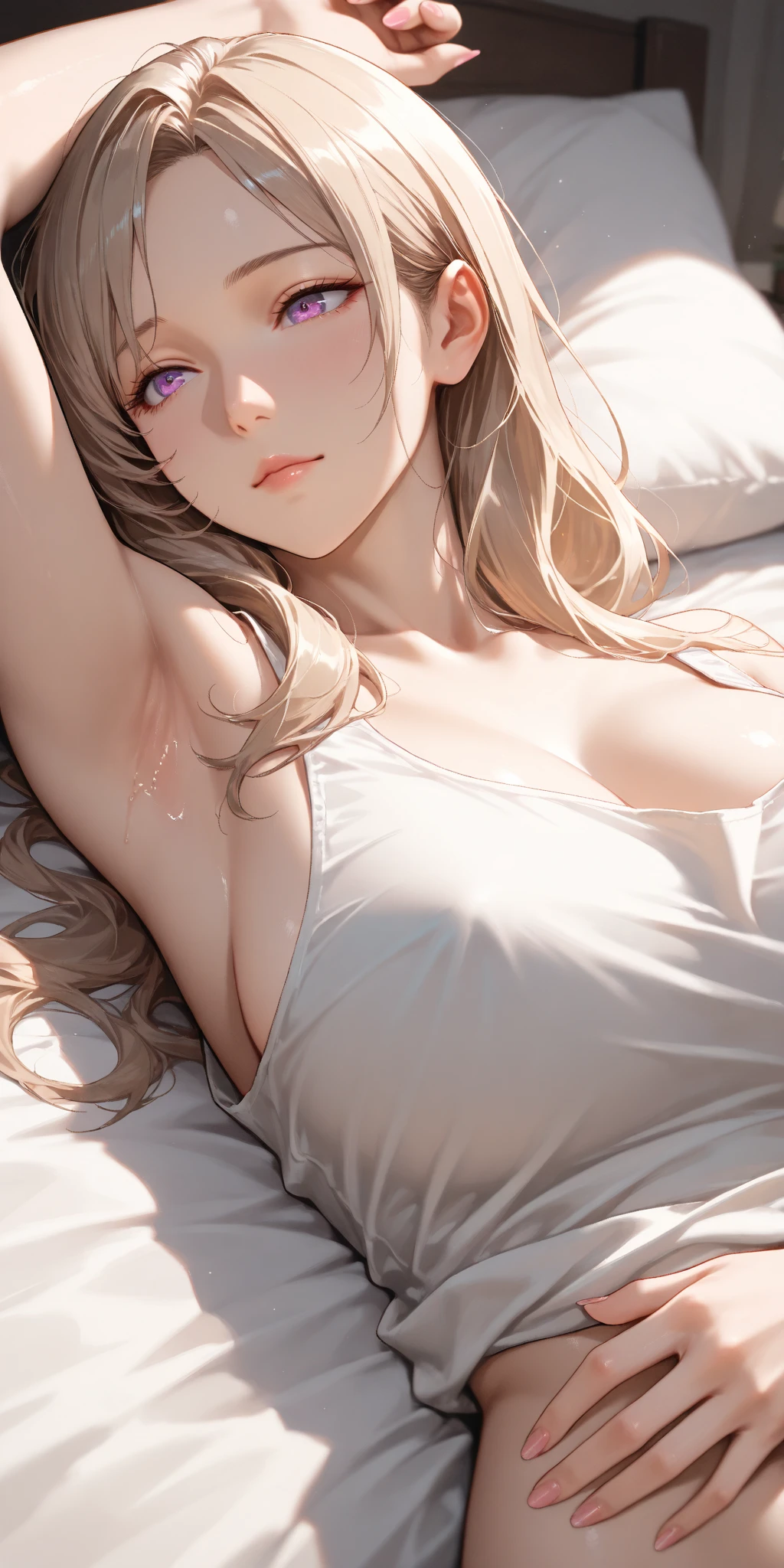 {masterpiece : best quality : high resolution : unity 8k wallpaper : illustration : beautiful detailed eyes : extremely detailed face : perfect lighting : extremely detailed CG } { nsfw : hentai } {half-monochrome} { dark horror theme } { in a dark room } { Teen Isla Fisher : curly light blonde hair : forehead : perfectly small shape breast :  eyes in pain  : possessed : perfectly slender body : White tank top and jeans : unconscious : hyperventilation : sweating : face in pain } { lying down on the floor }