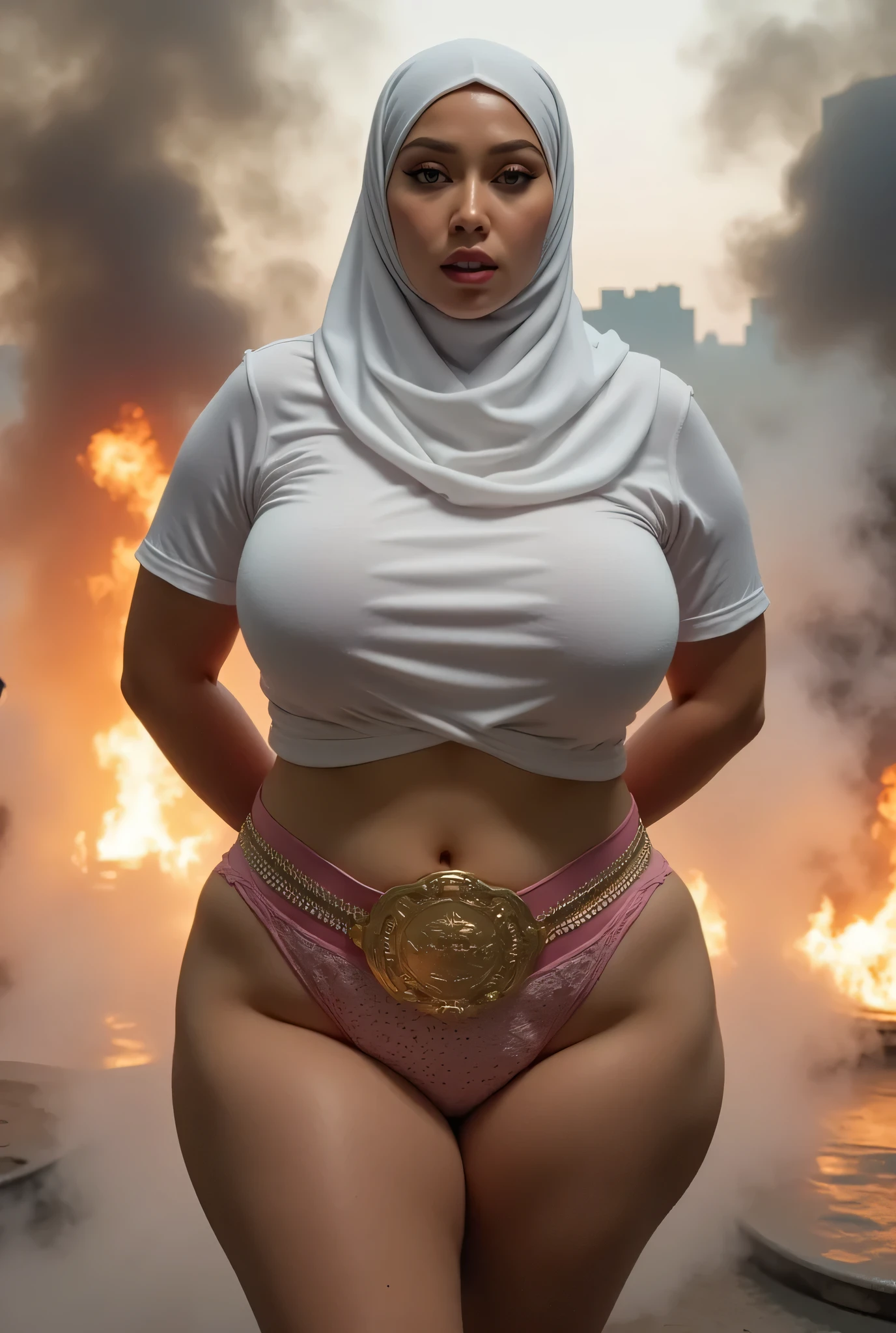 BLOWN IN THE WIND WEARS WHITE HIJAB),  SSBBW HIJAB , (CROPPED T-SHIRT)  big ass ,  PLACE BOTH HANDS BEHIND YOUR BACK, HUGE BOOBS BURSTING BREASTS, UFC CHAMPION BELT FIGHT. BACKGROUND FIRE AND SMOKE. HIGH WAIST PINK THONG LACE