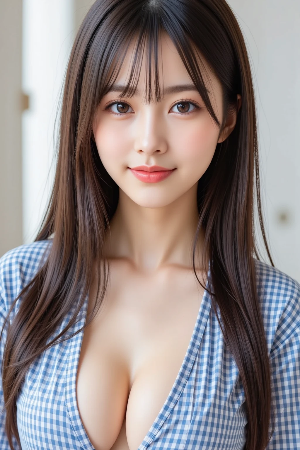 masutepiece, Best Quality, Illustration, Ultra-detailed, finely detail, hight resolution, 8K Wallpaper, Perfect dynamic composition, Beautiful detailed eyes, nsfw, cleavage, Seductive pose, upper body, light brown hair, hair bun, (Absurdly Long Hair:1.6), (Beautiful Voluminous breasts), (real looking skin), Natural Color Lip, (The best smile), 17 year old, Beautiful girl, (bare breasts:1.5), (Open yukata), (white floral pattern yukata:1.3), (Japanese alley background:1.4)