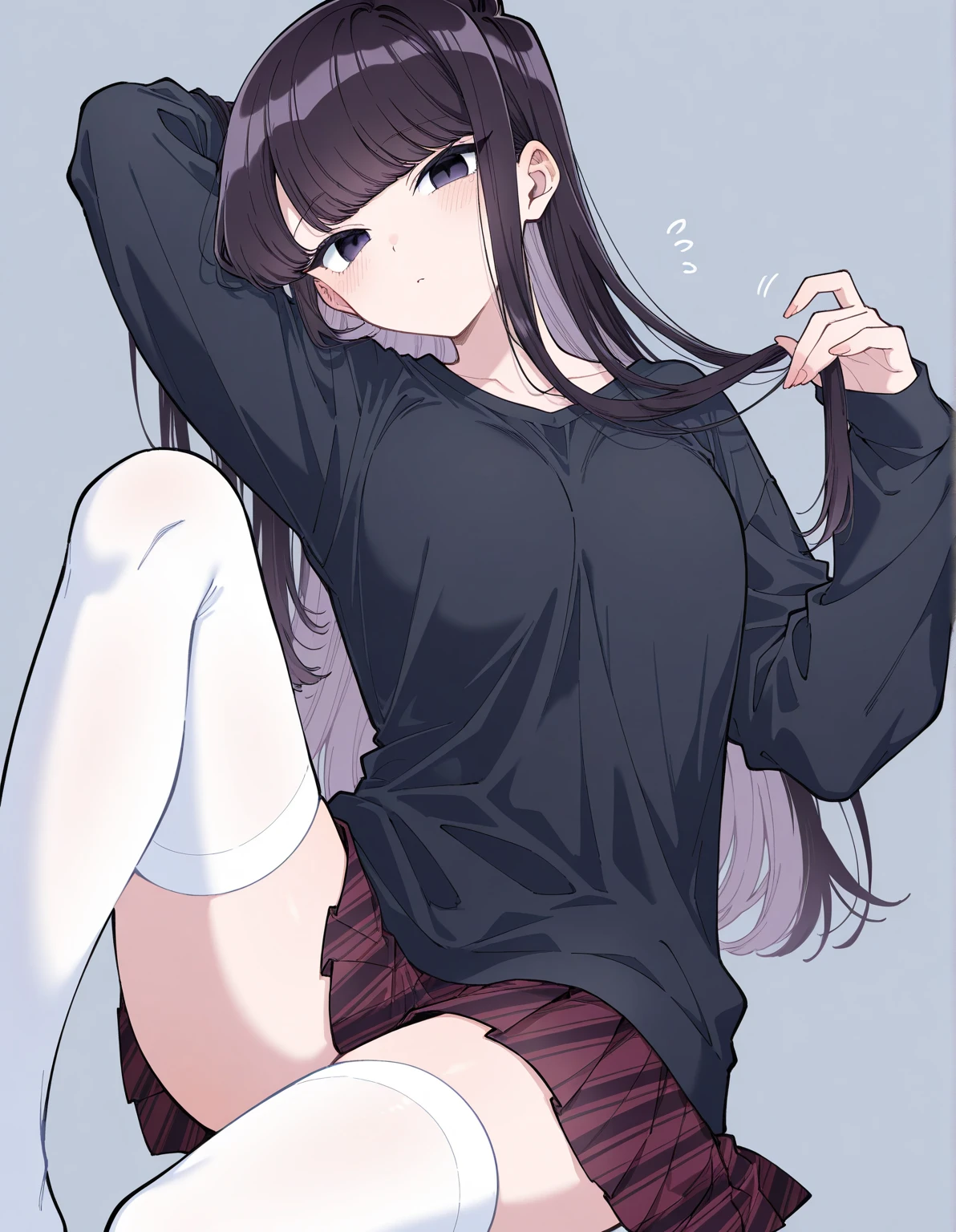 highres,1girl,animal ears,bangs,black hair,blush,red eyes,open mouth,fang,dark-skinned female,hair between eyes,hair ornament,hairclip,horse ears,horse girl,horse tail,looking at viewer,smile,solo,v-shaped eyebrows,very long hair,thighhighs,underwear,sweater,masterpiece,((1girl)),Depth of field,extremely detailed CG unity 8k wallpaper,(floating hair),(((detailed face))),(((detailed eyes))),((full body)),