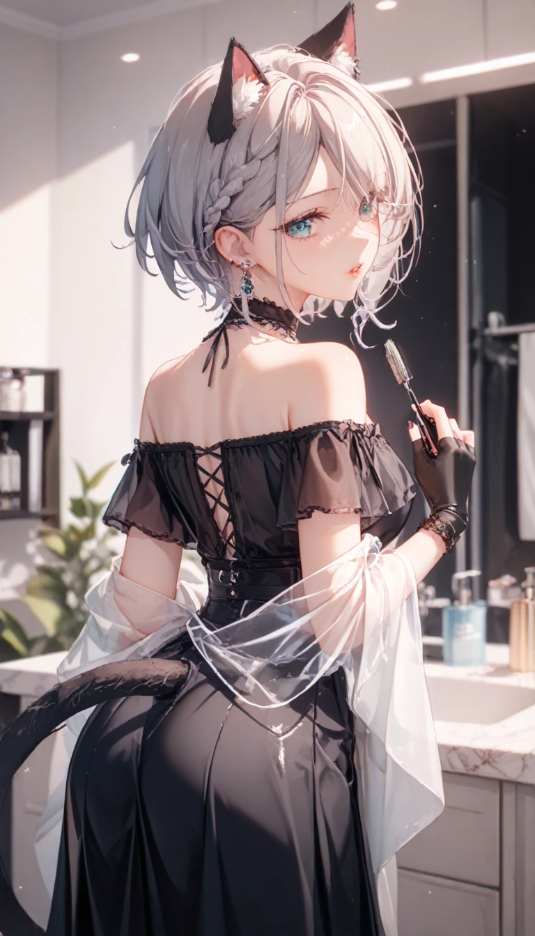 ((Biologically correct number of limbs))、4K、masterpiece、((focus on the face))、((Symmetrical facial features))、Eyes with detailed description、Beautiful woman、outstanding style、beautiful arms、beautiful legs、beautiful hands、(slender)、Detailed depiction of faces、small earrings、necklace、(uniform、skirt、high heels、stockings)、((Woman putting on makeup in front of a mirror、I see myself in the mirror、You can see the mirror through your back))