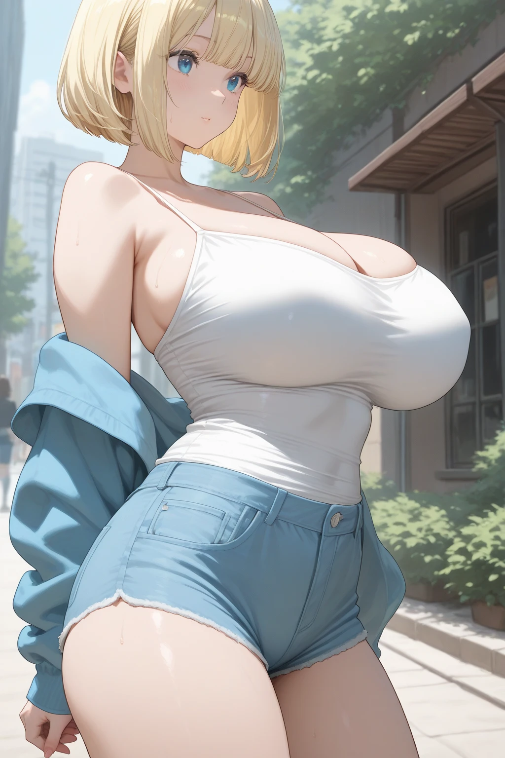 ((huge hips:1.2)), woman bob hair, blue bodysuit, tube top metal armor, pencil mini skirt, metal armor, in dark city silent hill, neon light, gaus rifle, strong stance