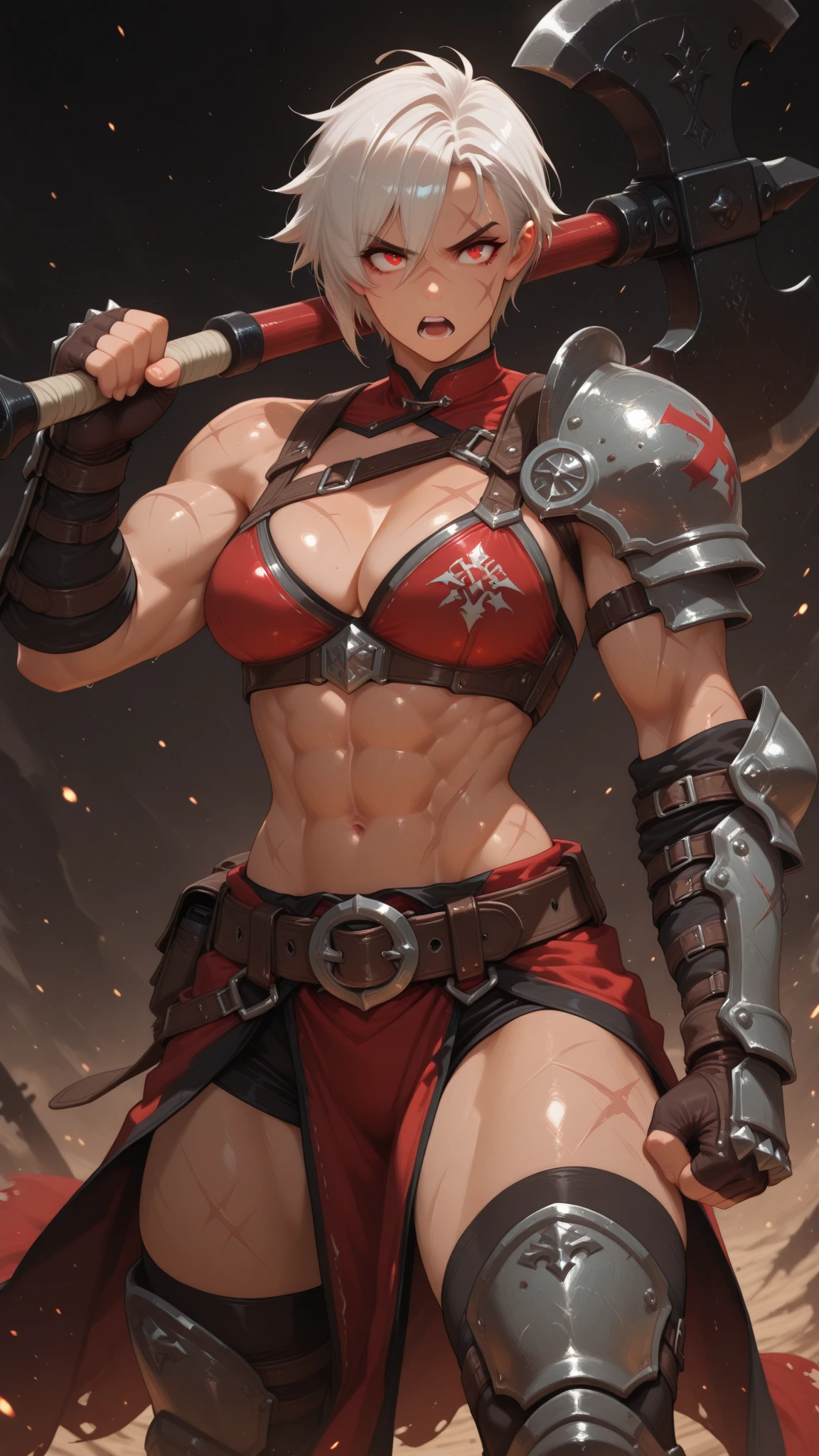 helga, dark-skinned female, short hair, silver hair, huge breasts, muscular female, thick thighs, thick arms, tomboy, holding axe, reflection light, blending, bloom, god rays, ray tracing, Fujicolor, drop shadow, Gothic art, anime, Ghibli-like colours, anime style, UHD, retina, masterpiece, ccurate, anatomically correct, textured skin, super detail, high details, high quality, award winning, best quality, highres, 1080P, HD, 4K, 8k, 16k,standing, warrior pose, axe holding,refsheet, charactersheet, red bikini, short pants, happy, smile, blush, pullover coat,