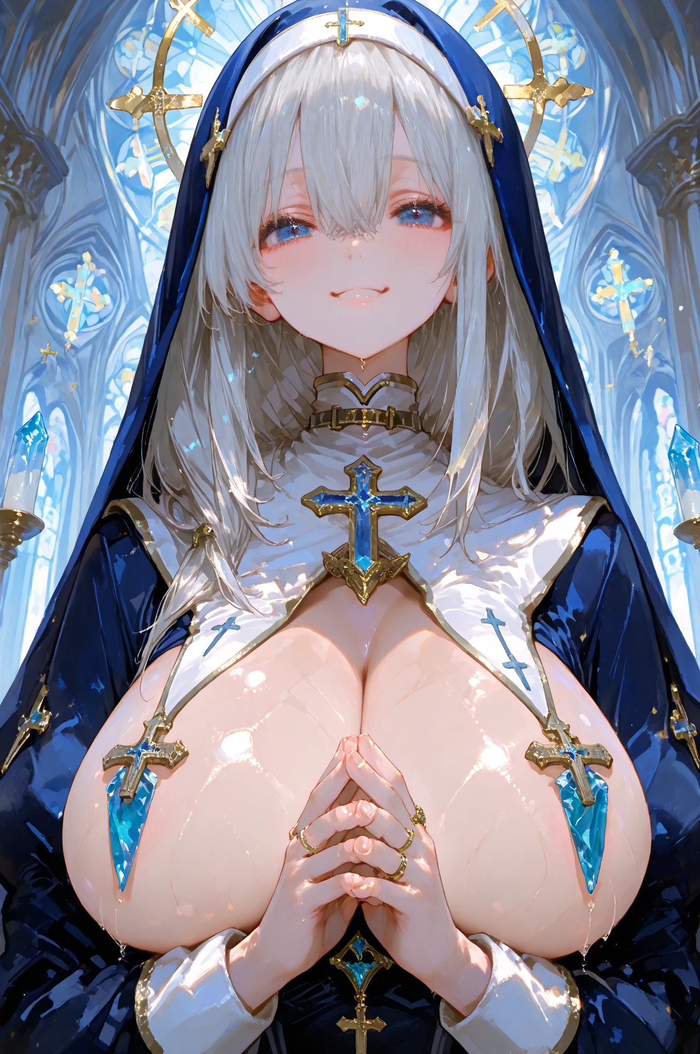 masterpiece, detailed, high quality, nsfw, (absurdres), high sharpness, high resolution, amalee, 1girl, solo, halo, (naughty face), blush, medium breasts, curvy, wide hips, groin, navel, stomach, (cameltoe), shirt, pantyhose, pussy juice, spread legs, cowboy shot,