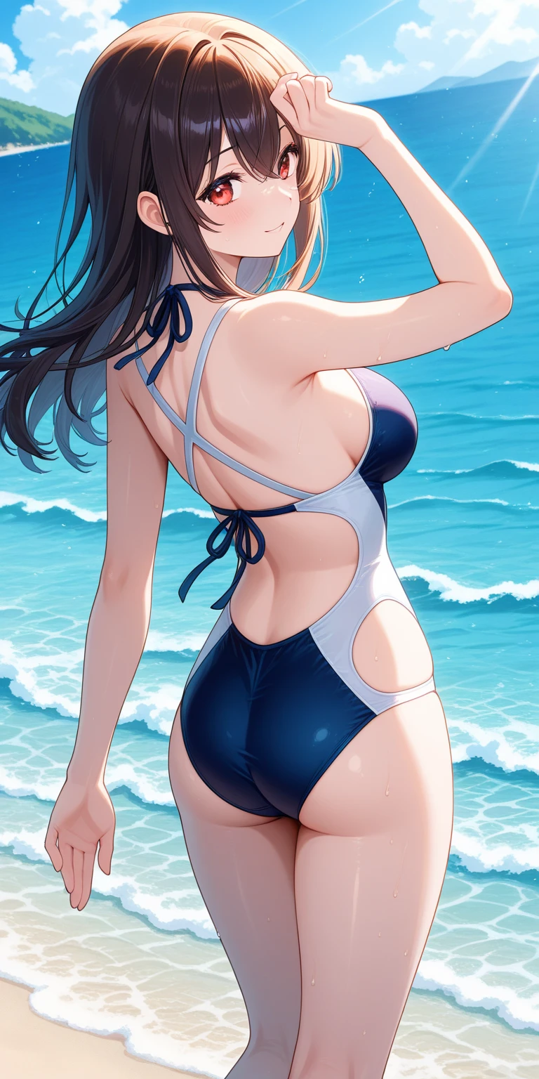 highest quality、Realistic、zoom、Chestnut Hair、Gray Eyes、long hair、One piece swimsuit、Sunburned、Tan、Brown Skin、Sweat、smile、、Ocean、Plump、Back view